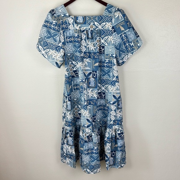 Vintage Hawaiian Togs Bark Cloth Dress Blue Luau Kaftan Muu Muu Tiered Size M - Picture 6 of 7
